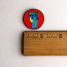Load image into Gallery viewer, Zero Hour Earth Fist pin with ruler for scale