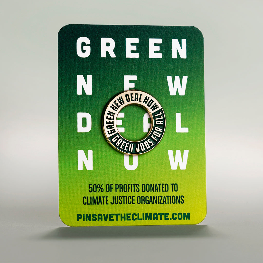 Green New Deal enamel lapel pin on backing card