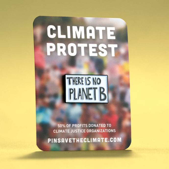 'There is no planet b' protest poster enamel lapel pin on backing card